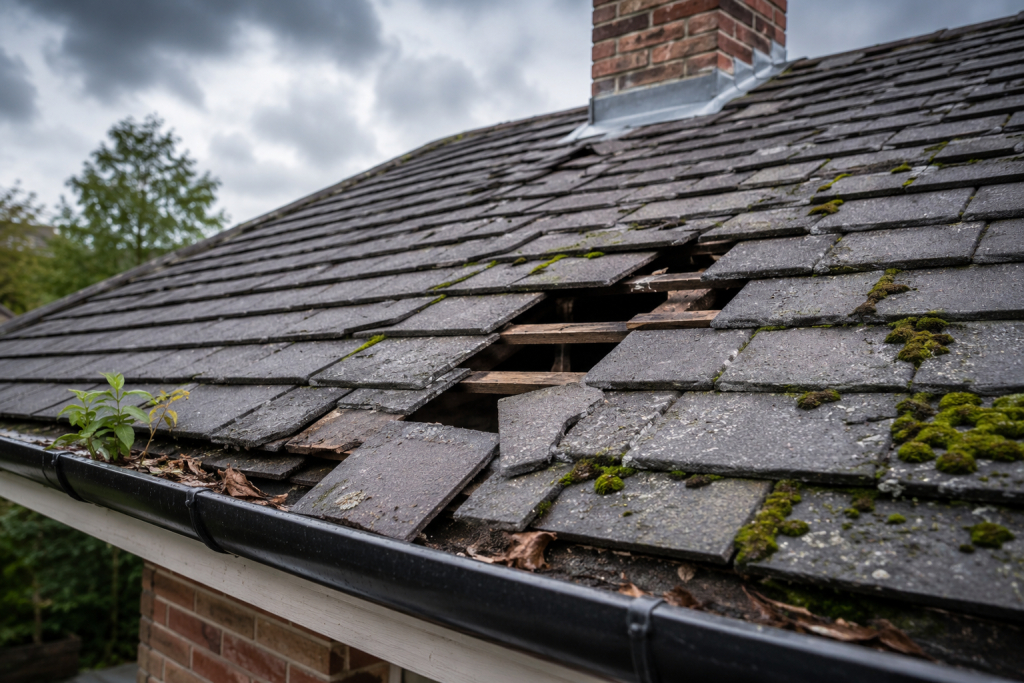 Damaged tiled roof with missing tiles, moss growth and blocked guttering on a residential property in Essex