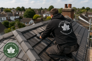 Roofer repairing a tiled roof in Brentwood with Black Leaf Roofing branding.