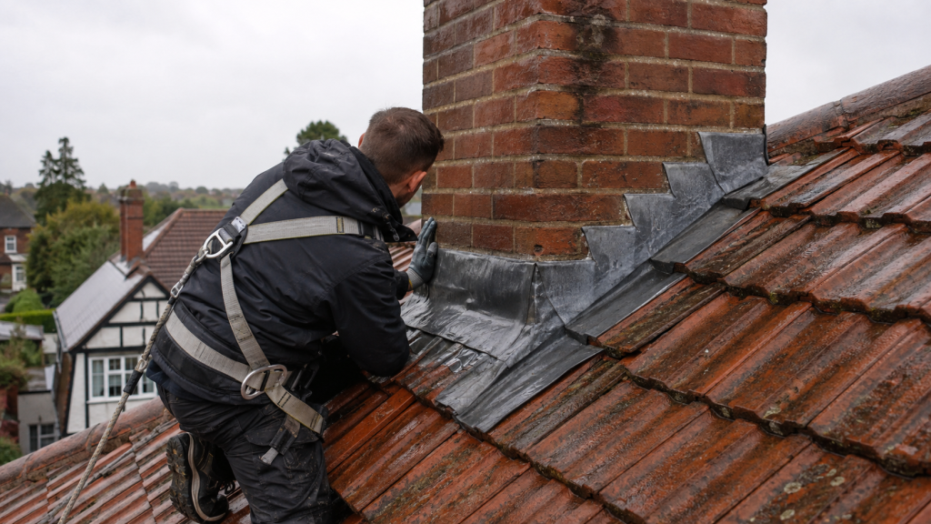 Roofer inspecting chimney leak essex home