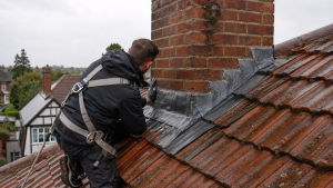 Roofer inspecting chimney leak essex home