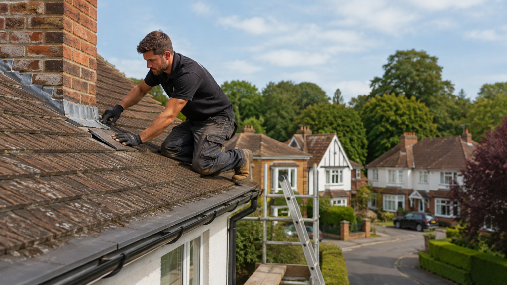 Roofer inspecting tiles and chimney leadwork on a Chelmsford property.