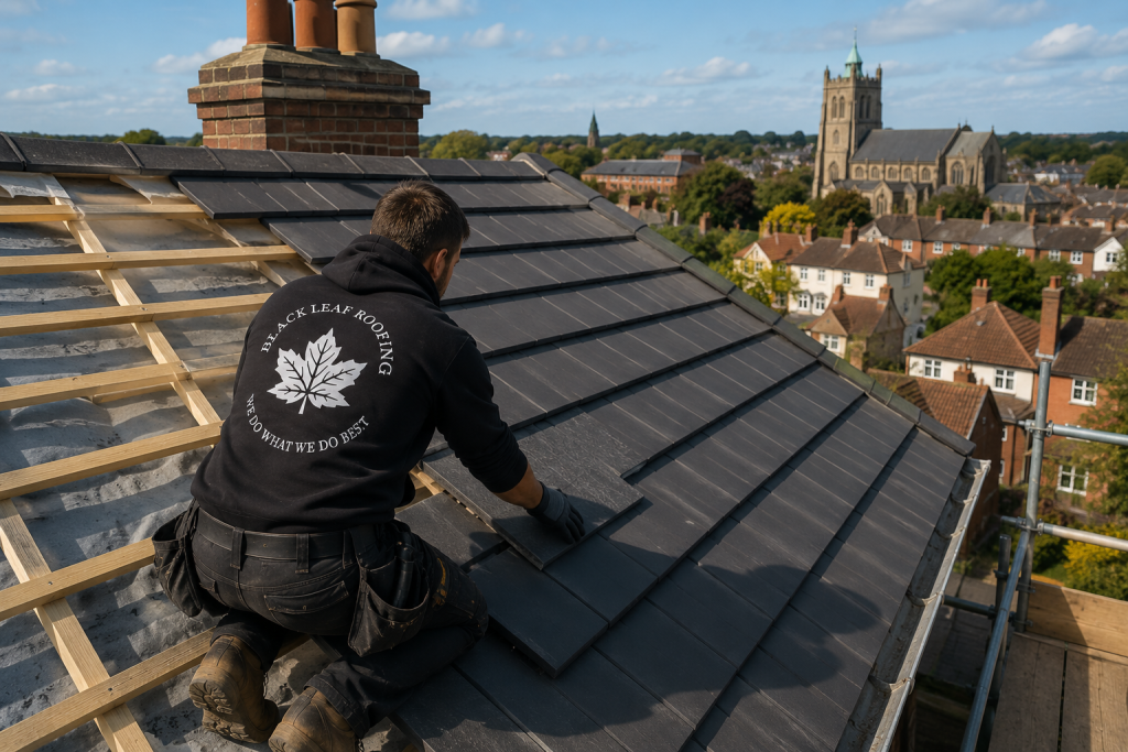 Roofer installing slate roof tiles on a Colchester property with local church views in the background.