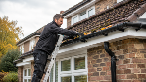 Roofer inspecting gutters and roof tiles on an Essex home during autumn